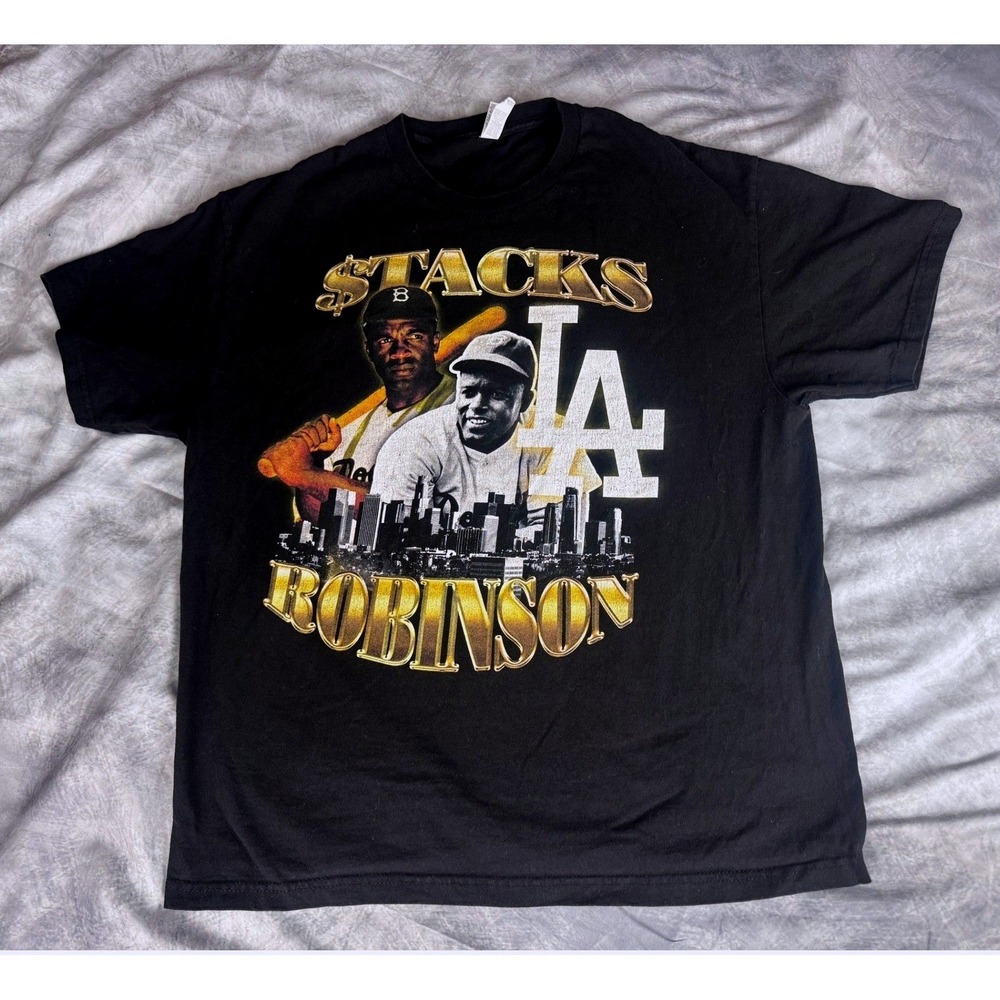 American Apparel Jackie Robinson 42 LA Dodgers Baseball Graphic T-Shirt XL Black